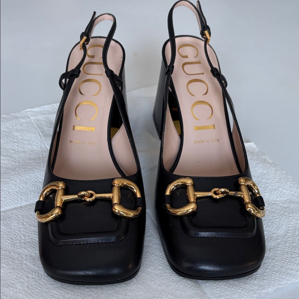 Gucci Black Slingback Heels with Gold Hardware